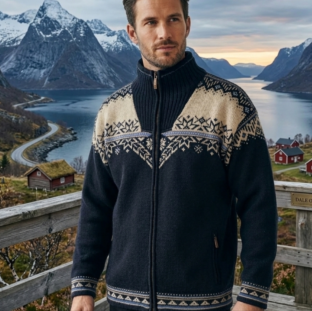 Dale of Norway Navy Zip-Up Fair Isle Knit Jacket with Cream Yoke, Wool, Lined,XL